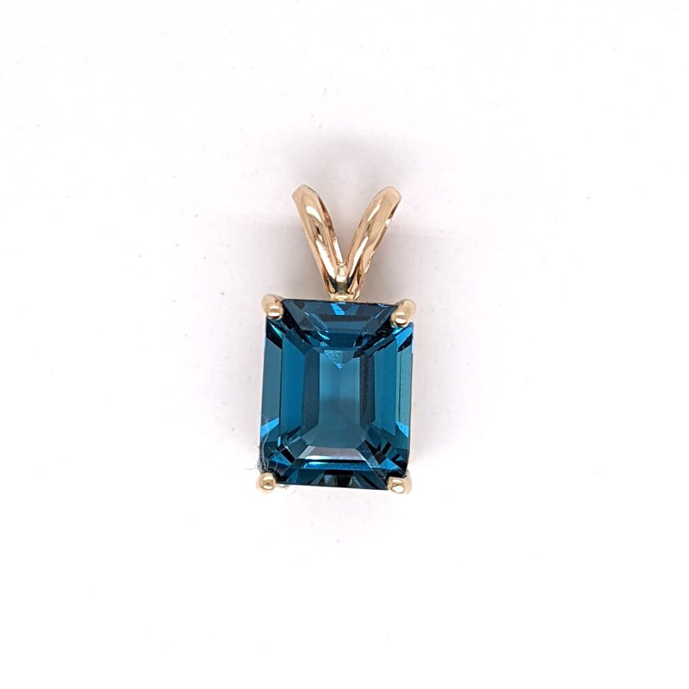 London Blue Topaz Solitaire Pendant in Solid 14K Gold | 8x6mm Emerald cut